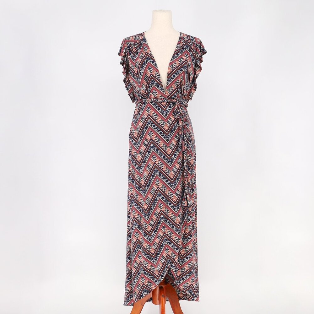 MISA LOS ANGELES Zig Zag Printed Wrap Midi V-Neck Belted Dress Size XS